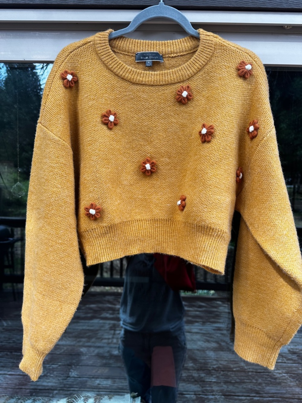 Blue Blush Mustard Cropped Crewneck Sweater with Rust & Cream Floral Appliqués